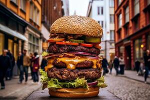 un' gigante hamburger nel il grande città, ai generativo foto