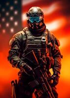 futuro militare Stati Uniti d'America soldato esercito, idenpendece giorno 4 luglio, americano bandiera sfondo, generativo ai foto