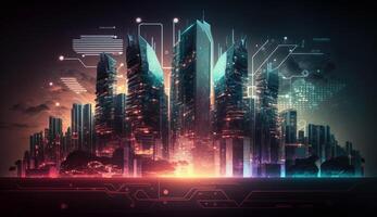 neon mega città capitale torri con futuristico tecnologia sfondo, futuro moderno edificio virtuale realtà, notte vita stile concetto, digitale disegno, digitale tecnologia scena con generativo ai. foto