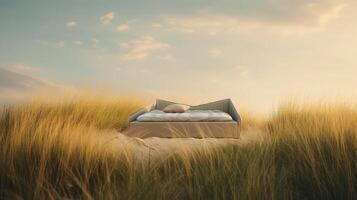 solitario letto In piedi su erba duna collina con bellissimo cielo, surreale onirico paesaggio, minimo sfondo, creativo scena, deserto scena con arredamento, con generativo ai. foto