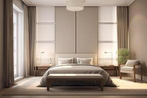 minimo interno design Camera da letto con beige accogliente tono stile, decorare con di legno letto, lampada, bianca cuscini, tavolo, e Marrone tono sfondo, vuoto parete per finto su e striscione, con generativo ai. foto