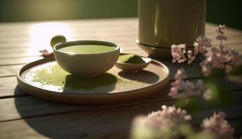 matcha verde tè nel tazza su di legno tavolo con finemente terra polveri e fiori nel primavera stagione, calma e rilassare Tè, caldo bevanda, mattina bevande con generativo ai. foto