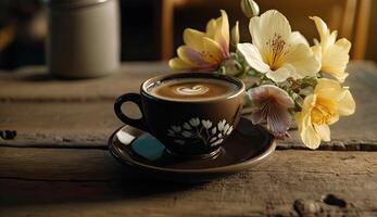 caffè nel tazza su di legno tavolo con fiori nel primavera stagione, calma e rilassare caffè, caldo bevanda, mattina bevande con generativo ai. foto