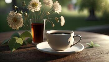 caffè nel tazza su di legno tavolo con fiori nel primavera stagione, calma e rilassare caffè, caldo bevanda, mattina bevande con generativo ai. foto