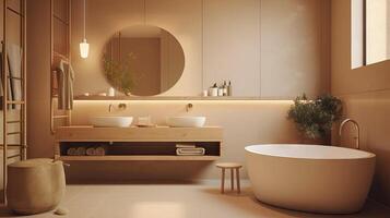 minimo interno design bagno con beige accogliente tono stile, decorare con di legno arredamento, vasca da bagno, lavello, asciugamani, e Marrone tono sfondo, vuoto parete per finto su e striscione, con generativo ai. foto