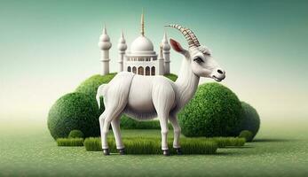 eid adha mubarak animale, capra e moschea, 3d carta tagliare origami bellissimo islamico sfondo, foto, illustrazione foto