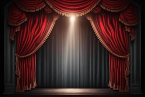 Magia Teatro palcoscenico rosso le tende mostrare riflettore. generativo ai foto