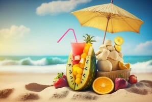 fresco succo con frutta e ombrello su spiaggia sfondo, estate vacanza sfondo. generativo ai foto