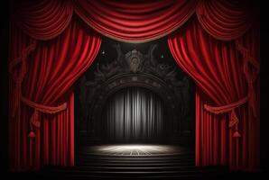 Magia Teatro palcoscenico rosso le tende mostrare riflettore. generativo ai foto