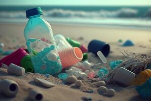 spazzatura sparpagliato su il spiaggia. generativo ai foto