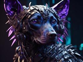 futuristico ritratto di un' nero cane con metallo catena. buio sfondo. generativo ai foto