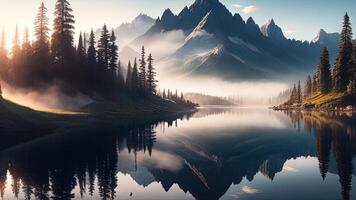 bellissimo montagna paesaggio con lago e riflessione nel acqua. ai generato foto