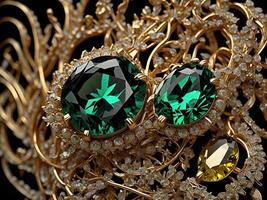 gioielleria squillare con Smeraldo su nero sfondo, ai generato foto