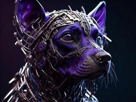 futuristico ritratto di un' nero cane con metallo catena. buio sfondo. generativo ai foto
