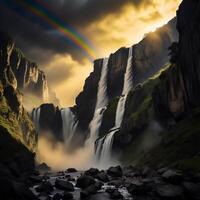 bellissimo cascata nel il montagne. artistico stile e morbido messa a fuoco. generativo ai foto