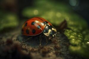 coccinella su il foglia con acqua gocce, creato con generativo ai foto