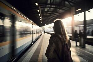 posteriore Visualizza a giovane donna a treno stazione con veloce in movimento treni, creato con generativo ai foto