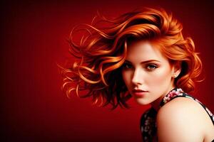bellissimo donna con rosso capelli in posa per un' immagine con un' rosso sfondo, altamente dettagliato digitale la pittura. generativo ai, generativo, ai foto