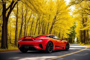 un' rosso gli sport auto unità lungo un' strada nel un' foresta con alberi nel il sfondo, giallo autunno alberi. generativo ai foto