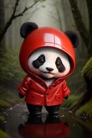 un' miniatura giocattolo panda orso nel un' rosso impermeabile e stivali sta nel un' foresta con un' pozzanghera di acqua, nel il piovere, fotorealismo. generativo ai, generativo, ai foto