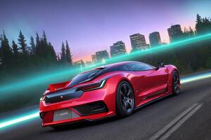 rosso gli sport auto guida giù un' città strada a notte contro il città orizzonte e verde luce, digitale rendering, fotorealismo. generativo ai foto