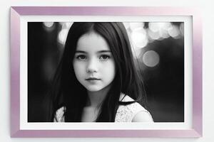 ragazza con lungo capelli e un' telaio in giro suo, ritratto fotografia, dettagliato la pittura, fotorealismo. ritratto nel un' telaio. acquerello la pittura. generativo ai, generativo, ai foto