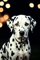 dalmata cane seduta nel davanti di un' nero sfondo con luci nel il sfondo, animale fotografia, fotorealistico la pittura. generativo ai, generativo, ai foto