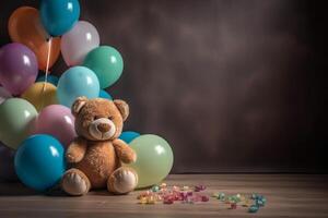 carino orsacchiotto orso con colorato palloncini, bambini' compleanno concetto, generativo ai foto