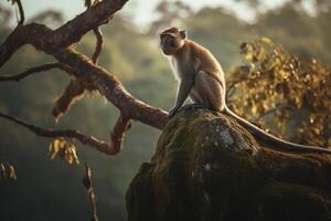 scimmia su superiore di un' albero nel il estate stagione, generativo ai foto