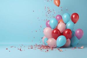 compleanno festa palloncini con coriandoli su un' leggero blu sfondo, generativo ai foto