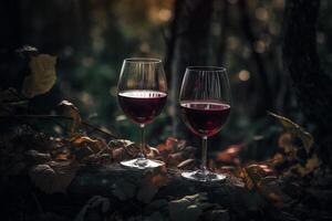 Due bicchieri di vino nel un' foresta, generativo ai foto