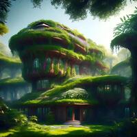 bellissimo biologico Casa fatto di immaginario impianti nel un' foresta, architettonico rendere, sintetizzatore futuro, chillwave ai generato foto