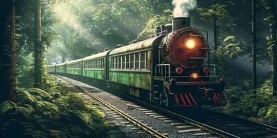 Vintage ▾ vapore treno nel un' nebbioso foresta con ai generato. foto