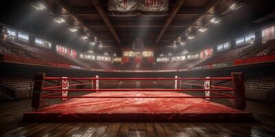 rosso boxe squillare nel un vuoto arena con ai generato. foto