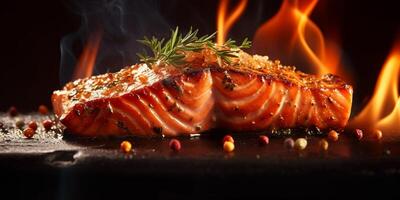 il vicino su Visualizza di grigliato salmone filetto con ai generato. foto