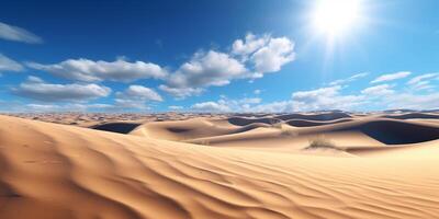 deserto sabbia dune sotto blu cielo con nuvole con ai generato. foto