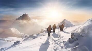 gruppo di persone escursioni a piedi nel inverno montagne con scarpe da neve e zaini con ai generato. foto
