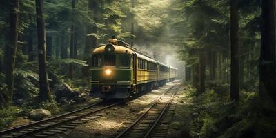Vintage ▾ vapore treno nel un' nebbioso foresta con ai generato. foto