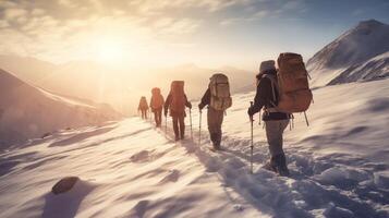 gruppo di persone escursioni a piedi nel inverno montagne con scarpe da neve e zaini con ai generato. foto