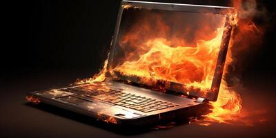 il computer portatile ardente nel fiamme su un' buio sfondo con ai generato. foto