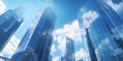 il grattacieli siamo nel il attività commerciale zona a giorno con blu cielo e ai generato. foto