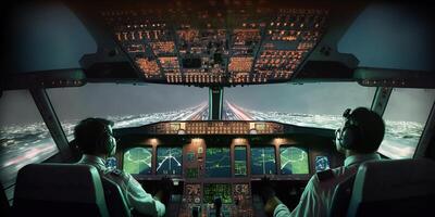 il piloti siamo nel il aereo cabina di pilotaggio con ai generato. foto