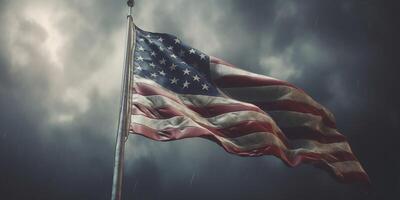 americano bandiera agitando nel il vento contro un' tempestoso cielo con ai generato. foto