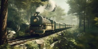 Vintage ▾ vapore treno nel un' nebbioso foresta con ai generato. foto