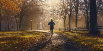 il corridore è in esecuzione su il parco con ai generato. foto