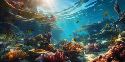 meraviglioso e bellissimo subacqueo mondo con coralli e tropicale pesce con ai generato. foto