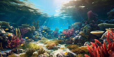 meraviglioso e bellissimo subacqueo mondo con coralli e tropicale pesce con ai generato. foto