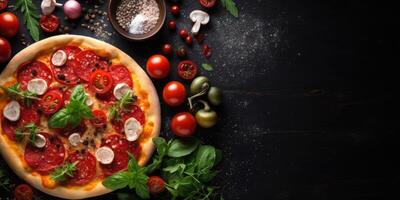 Pizza con Mozzarella, pomodori e basilico su un' nero sfondo con vuoto spazio per testo. generato di ai. foto