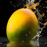 sorprendente Mango con acqua spruzzo e gocce isolato, generativo ai foto