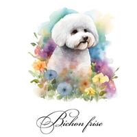 acquerello ai generato illustrazione di un' singolo cane razza bichon frise con fiori. guida cane, un' invalidità assistenza cane. acquerello animale collezione di cani. cane ritratto. illustrazione di animale domestico. foto